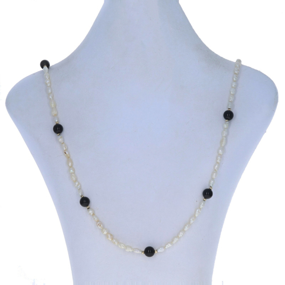 Yellow Gold Onyx & Freshwater Keshi Pearl Beaded Station Necklace 31 1/2" - 14k
